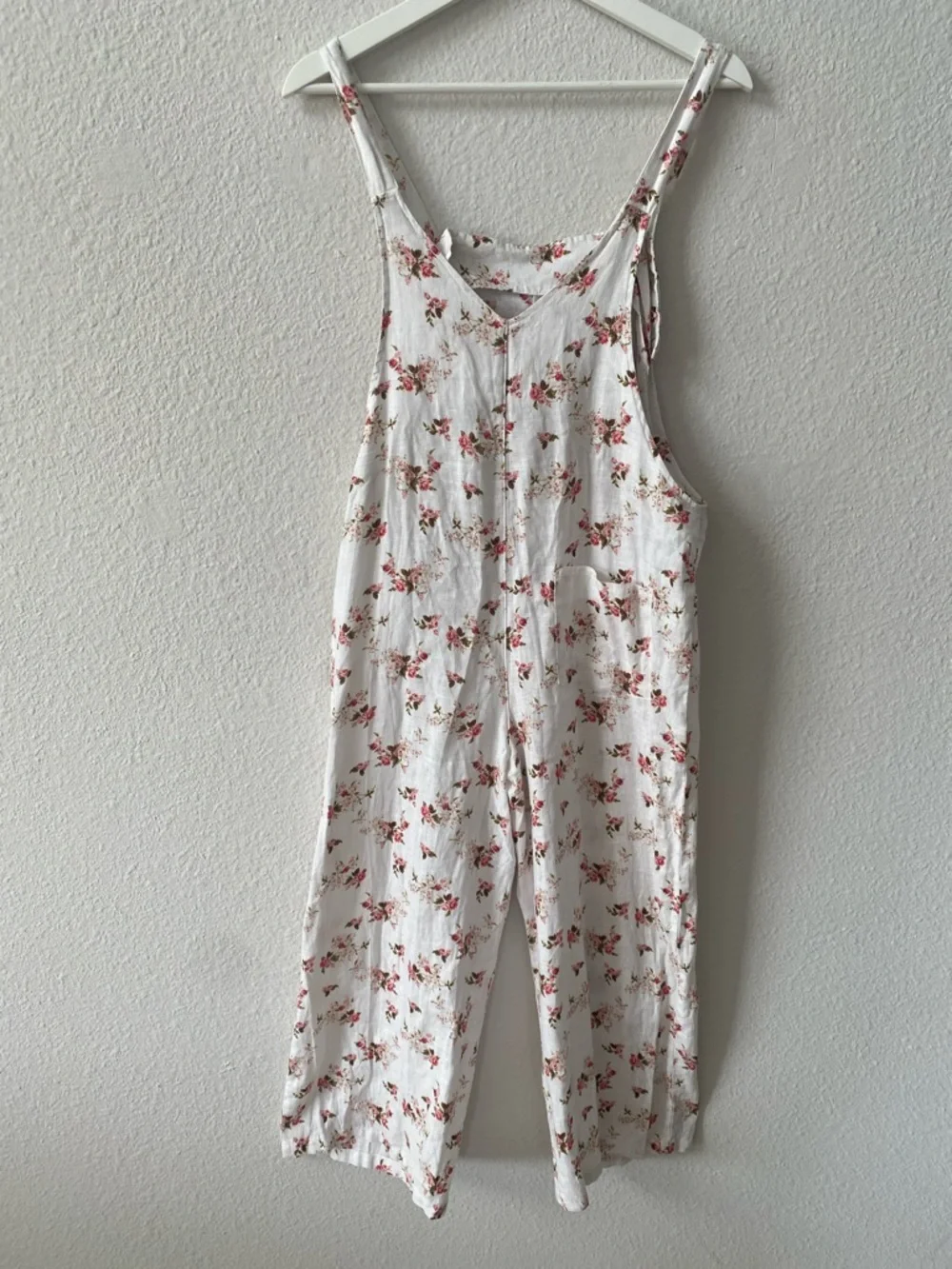 Zara Linen White Pink Rose Floral Wide Leg Overalls Size Small